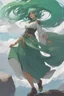 Placeholder: concept art of a beautiful woman with green hair, by Krenz Cushart, clouds, detailed digital artwork, illustrative, painterly, matte painting, highly detailed, cinematic composition, free, liberation