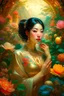 Placeholder: A very beautiful Asian woman in the garden? unusual flowers, very cute, smooth, active sequins, elegant fantasy, intricate, 8k, oil on canvas, beautiful, high detail, fantastic view, hyperrealistic, over-detailed, clear quality, colorful, artgerm, Alphonse Mucha, Catherine Abel. Catherine Welz Stein. Dmitry Vishnevsky. Gustav Klimt, R. Giger. Jacek Yerka. Josephine Wall, Carrie Ann Baade
