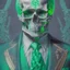 Placeholder: a head and shoulders portrait of a skeleton dressed in a three-piece suit as the president of the united states, based on us currency, united states one dollar bill, shades of green, real-life, colors match the united states one dollar bill, realistic, robotic,