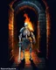 Placeholder: A frightening castle dungeon hallway with a skeleton warrior in rusty chainmail holding a burning torch painterly rpg art