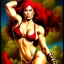 Placeholder: Epic full body portrait of busty atletic young beautiful Red Sonja fighting a Gorilla Boris Vallejo styles