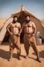 Placeholder: full figure photography of two serious ugly brawn 35-year-old burly beefy bullneck arabs tourist guides wearing bulging traditional trousers, shirtless, big shoulders, hairy chest, manly chest, with very bushy eyebrows, photorealistic, sunlight, ambient occlusion, strong side light , inside a camping tent in the desert