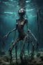 Placeholder: Underwater, girl, fullbody, his skin turned translucent revealing a network of black veins that extended like roots, ragged clothes, nightmarish many legged slimy creature with creepy spindly legs that has never been imagined, 8k, macro photography,