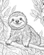 Placeholder: create a 2d black outline, "safari smiling cartoon sloth on a branch coloring book for kids", coloring page, low details design, black contour, coloring page design, simple background, colorful , card style, coloring page for kids, white background, sketch style, safari landscape, cartoon style