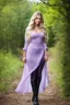 Placeholder: full body standing beautiful 20 year old girl with ash blonde hair and blue eyes with her long hair down,curvy body ,pretty boobs, wearing a sleeved shirt and nice sarifon dress, and lilac long leggings, with long black boots full body shot,country side among trees