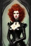 Placeholder: painting of christina hendricks as evil queen in black leather, feminie, angry, volouptous, busty, cleavage, emperious, mature, highly detailed, digital painting, artstation, concept art, smooth, sharp focus, illustration, art by gaston bussiere and alphonse mucha