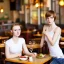 Placeholder: Realistic photo Russian shorthair beautiful 20-years tomboy boyish boylike young wife wide hips in restaurant