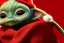 Placeholder: baby yoda wearing a red christmas hat in a jazz club.1960's