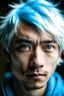 Placeholder: portrait of a young japanese man with messy white hair and big bright blue eyes