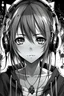 Placeholder: Potrait a cute anime emo and grunge girl. With short hime cut. She wear crystal neclace and listen to music. She didn’t look at the camera. Make it black and white and make it like in a mangga