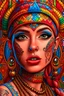 Placeholder: This image shows a portrait of a woman with stylized, hyper-realistic features. She has large, expressive eyes with detailed makeup, full lips, and a richly decorated head wrap with intricate patterns in orange, blue, and pink tones. A traditional ornamental forehead piece adorns her head, complementing her jeweled earrings and elaborate neck tattoos that cover her visible skin. The background features a whimsical atmosphere with floating hearts of various sizes, displaying intricate patterns wi