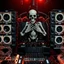 Placeholder: DJ of the damnded, insanely detailed DJ booth in hell, MID set, speakers and equipment made of bone, anatomically correct, add more skulls in th audience, photorealism, vray, 8k 3d