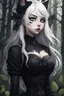 Placeholder: CAT GIRL, goth, forest, nature, cartoon, leaves, half black half white hair, boobs, portrait