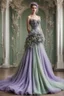 Placeholder: Stunning utopian ballroom gown with lavender and sage green. Hyper realistic standing model