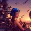 Placeholder: great illustrator, spanish, realistic rendering of a cute spanish girl kissing another cybergirl,steampunk style. Helmet with tubes. Machinery in the background. Robotic bird flying. High details. 4k. unreal engine, sunset