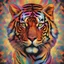 Placeholder: animal. A tiger with a crown and a multi colors pyramid. multi colors ground. photographic. outdoor. colors light prysm rays. water.