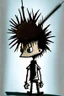 Placeholder: 2d drawing of a stickman, cool with punk hair, x eyes like in hangman, view from back and slightly peeking behind, 3d realistic in colour