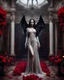 Placeholder: Facing front photography realistic Full body,creepy Vampire ghost woman long hair straddle wings bat she on standing on creepy,in mystery palace vampire,red roses flowers sorrounded background,dramatic angle, extreme angle shot, trypophobia, horror