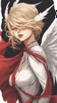 Placeholder: A blonde girl is blindfolded with a red cloth, two white wings behind her. Cinematic image