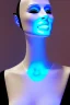 Placeholder: Technological singularity. Machine, fake smile, staring camera-eyes. 3D-tiling in adaptive background, lighted tower full of heads. Cyber-punk full-mask. Lay figure woman with plastic milky skin. Repugnant behavior towards a human. tippets. Haute Couture 1996. Light right. Colors are silver, black, Cyan. Huge headphones. golden rings. Thick tights, Thick calves, Curved fell, Wide hip. Secretly change her head to another, from the tower, which reveal her ugliness, haughty.