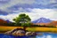 Placeholder: Clouds, mountains, tree, rocks, grass, lake, lake reflections, distant mountains, distant trees, impressionism painting