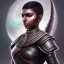 Placeholder: Fantasy setting, woman, dark-skinned, indian, ranger, 23 years old, shaved side haircut, long wavy hair