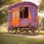 Placeholder: Old fashioned purple, orange and pink gypsy wagon decorated, curtains fluttering in the wind