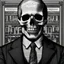 Placeholder: wall street journal style ,head and shoulders, engraved, HEDCUT, PORTRAIT OF THE GRIM REAPER AS PRESIDENT OF THE UNITED STATESr PRESIDENTIAL rendition of a skeleton dressed in a three-piece suit, very formal, as the president of the united states, united states one dollar bill, presidential, highly detailed matte painting, meticulous, dark colored tie, engraved, based on the one dollar bill, fine line, fine detail, classic, has sharp dangerous teeth, inked in greens