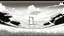 Placeholder: unhinged door, anime, monochrome, black background, ink, simple, maximum quality, broken hinge, barely functioning, centered on frame, far view, in the middle of a grassy hill, white sky with cumulonimbus
