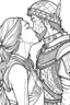 Placeholder: Fantasy coloring page, minimal detail. HD. Woman kissing a male knight with a beard. No background detail.