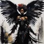 Placeholder: [art by Jean-Paul Riopelle] In an ethereal realm, an Afro-American harpy stands proudly, clad in a dark costume that clings to her skin like a second layer. Her wings, resembling those of a bat, flutter gracefully behind her, adding a touch of mystery to her imposing presence. From her perch on high, she gazes down at the world with a mocking smirk, her piercing eyes scanning the distant horizons.