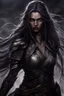 Placeholder: SA female elf with skin the color of storm clouds, deep grey, stands ready for battle. Her long black hair flows behind her like a shadow, while her eyes gleam with a fierce silver light. Despite the grim set of her mouth, there's a undeniable beauty in her fierce countenance. She's been in a fight, evidenced by the ragged state of her leather armor and the red cape that's seen better days, edges frayed and torn. In her hands, she grips two daggers, add dark shadow mystic purple flames