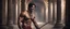 Placeholder: Hyper Realistic shirtless muscular handsome short black hair Indian King smiling & holding sword in a huge dark haunted hallway with traditional pillars