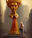 Placeholder: Statue of Queen of photography holding camera in hands. Cute blonde woman. Photographer in golden crown. Standing on the street. Big camera in her hand. hyperdetailed, photorealistic, trending on artstation, greg rutkowski, beksinski, kodachrome, volumetric lighting, gold and orange