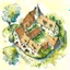 Placeholder: aerial view watercolour drawing of a medieval house in the style of art novel and torat