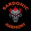 Placeholder: stylish abstract logo for rock band orange text "SARDONIC HARMONY" in a futuristic robotic font, sinister evil marshmallow head with headphones and red flames, horror, dark negative space, by H.R. Giger and Godmachine, violent colors, minimalism