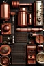 Placeholder: Please produce a photo of the parts of electrical appliances used in homes inspired by copper, which should be a fresh photo and for the cover of a poster. Please, it should be kitchen appliances.