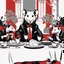 Placeholder: Vector illustration of a (((large rat sitting))) at a banquet table, eating a (((large cheese))), sitting at the same table, (((other rats watching the large rat eat))). White, red and black colors. Banksy style