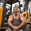 Placeholder: close up photography of a arab ugly burly serious wet sweaty, muscular chubby strong fat carpenter, shirtless, swimwear, bulge, manly chest, very hairy allover, big goatee 51 years old, short hair, sitting with open legs on a little chair , on a construction site in the middle of a road, under the August sun, emotional eyes, , hyper-realistic, photorealistic , frontal view from the ground