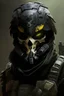 Placeholder: A soldier in the game Titan Fall 2 , he wears a BLACK skull helmet that covers his face, the helmet looks like a skull and is black, he is a rifleman, and his callsign is Titan. His colors are black and dark olive