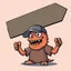 Placeholder: cartoon monster wearing a ballcap and T-shirt holding an arrow sign overhead, on solid color background