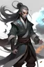 Placeholder: A young Air genasi from dnd with ashesen skin and asian flowing hair herematerial smoke Monk attire with ash giant Black Smoke Some hair Which Moke around him Ashes skin