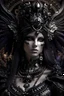 Placeholder: Beautiful young faced voidcore metallic filigree steampunk Seraphim black angel portrait textured feathers ribbed with voidcore style mineral stone ribbed headdress, black pearls i, white crystals n the long black hair, textured butterfly pattern embossed art nouveau black and violet costume extremelmly detailed intricate 8 k organic bio spinal ribbed detail of floral embossed voidcore decadent angelic background resolution epic cinematic maximálist concept art