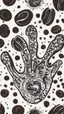 Placeholder: Tattoo on white paper, anatomical coffee, bright brown drawing, black paint strokes on background, large black strokes background, polka dot pattern