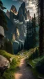 Placeholder: Thousands of craggy peaks compete for beauty, forming a tapestry of picturesque mountains, while an ancient path winds its way through the forest and along the stone pathway.