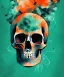 Placeholder: minimal lineart skull. watercolor and ink. black background. smoke and explode. particles in air. teal and orange