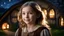 Placeholder: little young hobbit girl, beautiful, confident, calm, wise, happy, innocent, facing camera, head and shoulders, hobbit clothing, perfect eyes, LOTR village, hobbit homes with circular windows and round doors, night scene, stars, fireflies, 16k artistic photography, exquisite composition, photorealistic concept art, soft natural volumetric light, chiaroscuro, award-winning photograph, masterpiece, style William-Adolphe Bouguereau