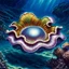 Placeholder: fantasy 90's tcg art of pearlescent giant clam with pearl