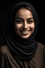 Placeholder: portrait of a light brown lady with a touch of make-up and a glossy lips, wearing hijab and abaya colored black, smiling and stand confedently.