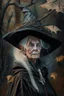 Placeholder: Old White-haired Witchery Witch in her pointed hat ready for the Coven in rusty autumn leaves and silver cobwebs. with burnished browns and abyss black.